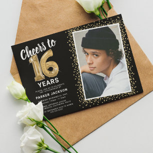 Sweet 16 Black Gold Photo Invitation