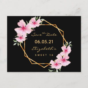 Sweet 16 black gold pink florals Save the Date Postcard