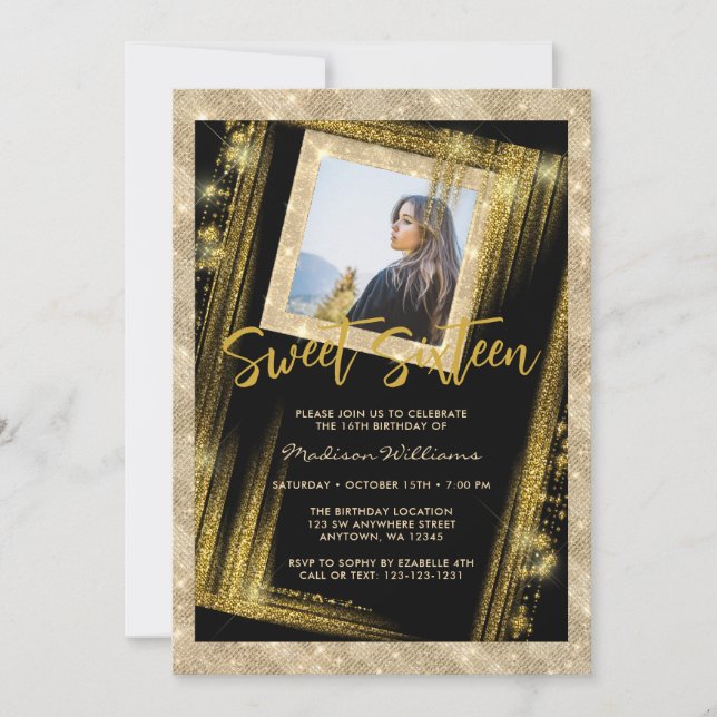 Sweet 16 Black Gold Sparkle Glitter Custom Photo Invitation (Front)