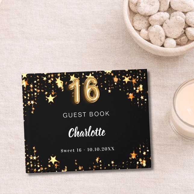 Sweet 16 black gold stars guest book (Creator Uploaded)