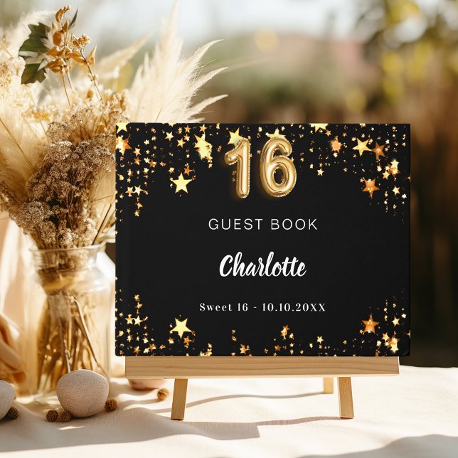 Sweet 16 black gold stars guest book (Creator Uploaded)