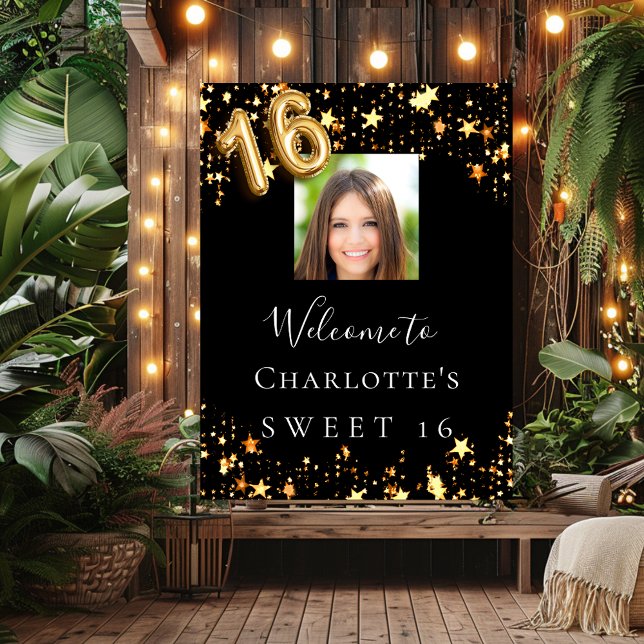 Sweet 16 black gold stars photo welcome poster (Creator Uploaded)