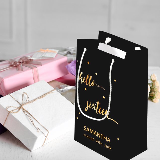 Sweet 16 black gold typography name small gift bag (Creator Uploaded)