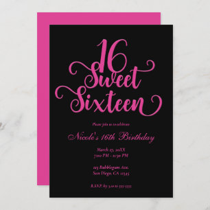 Sweet 16 Black & Hot Pink Birthday Party Invitation
