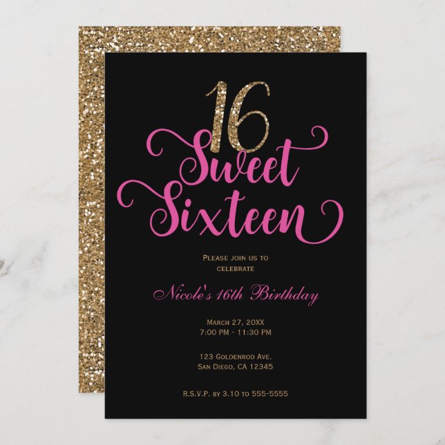 Sweet 16 Black Hot Pink Gold Glitter Birthday Invitation (Front/Back)
