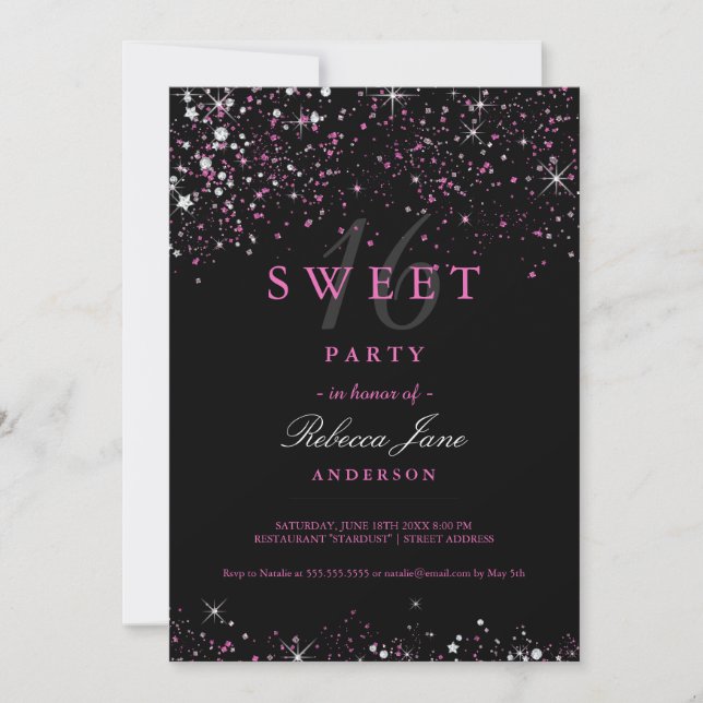 Sweet 16 Black Pink Sparkle Glitter Invite (Front)