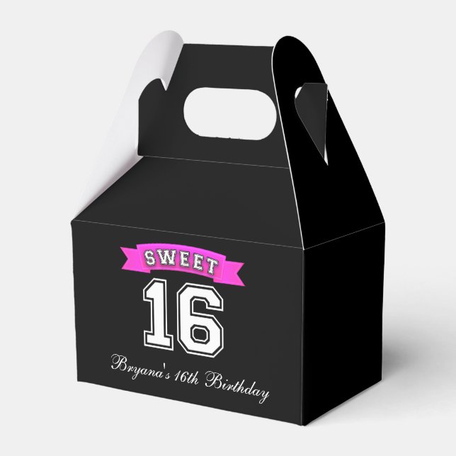 Sweet 16 Black & Pink Sports Birthday Party Favour Box (Front Side)