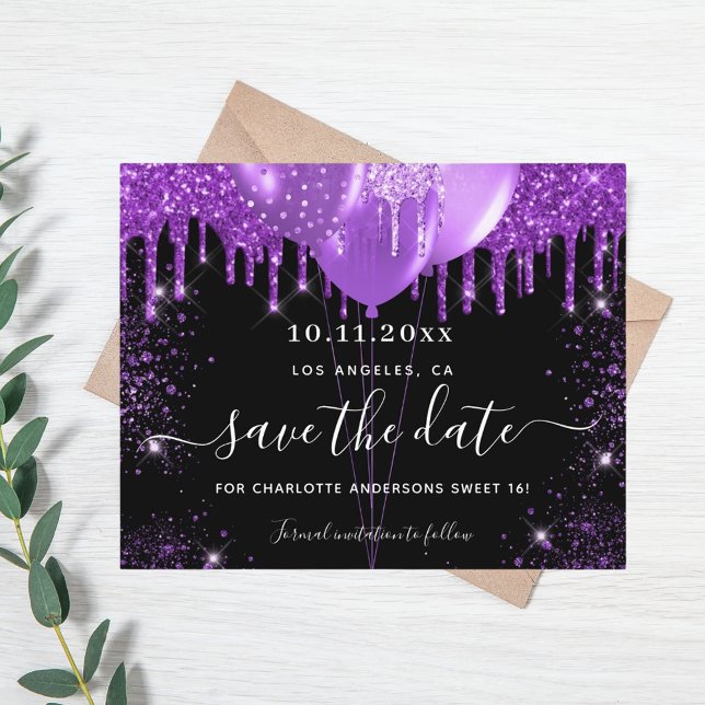 Sweet 16 black purple budget save the date flyer (Creator Uploaded)