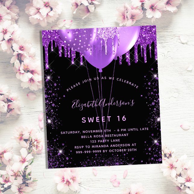 Sweet 16 black purple glitter balloons glamorus invitation postcard (Creator Uploaded)