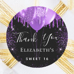 Sweet 16 black purple glitter name thank you classic round sticker<br><div class="desc">A chic black background. Decorated with purple faux glitter drips,  paint dripping look, glitter dust and balloons.  Personalise and add a name.</div>