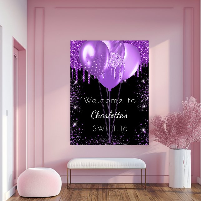 Sweet 16 black purple glitter welcome balloons poster (Creator Uploaded)
