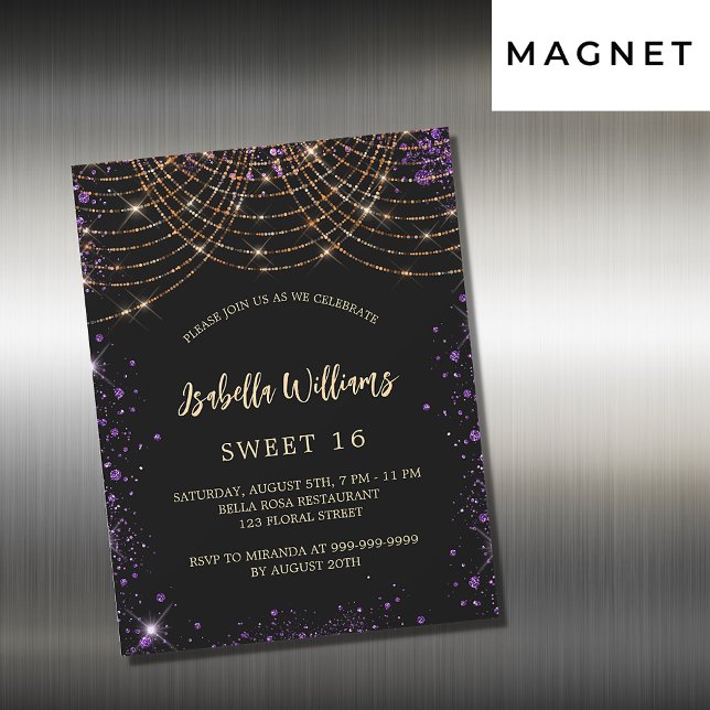 Sweet 16 black purple gold glitter glamourous magnetic invitation (Creator Uploaded)