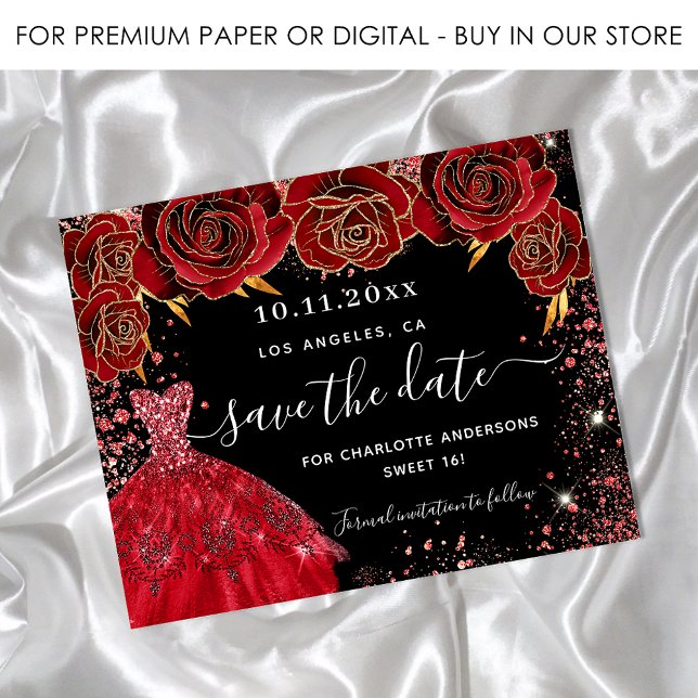 Sweet 16 black red dress budget save the date flyer (Creator Uploaded)