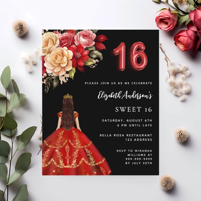 Sweet 16 black red dress florals roses invitation (Creator Uploaded)