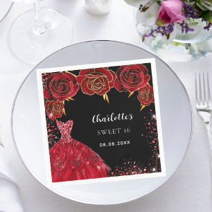 Sweet 16 black red dress flowers napkin