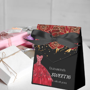 Sweet 16 black red dress flowers thank you favour box