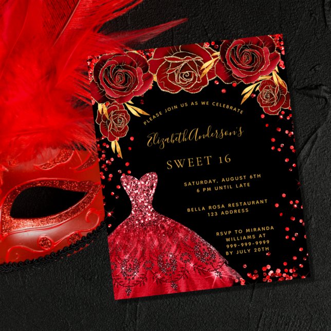 Sweet 16 black red dress invitation (Creator Uploaded)