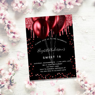 Sweet 16 black red glitter balloons party invitation