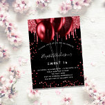 Sweet 16 black red glitter balloons party invitation<br><div class="desc">For an elegant Sweet 16,  16th birthday.  A stylish black background. Decorated with red faux glitter and balloons.  Personalise and add a name,  age and party details. The name is written with a hand lettered style script</div>