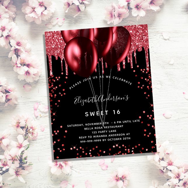 Sweet 16 black red glitter budget invitation flyer (Creator Uploaded)