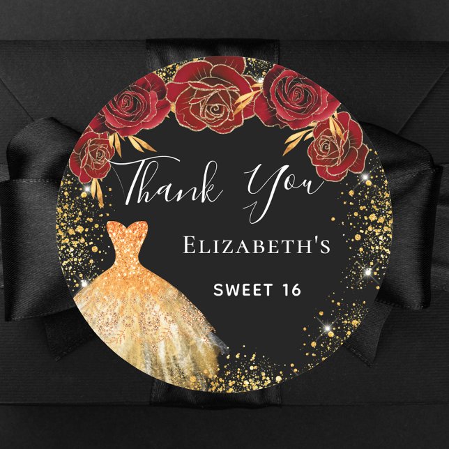 Sweet 16 black red gold dress Thank You Classic Round Sticker (Creator Uploaded)