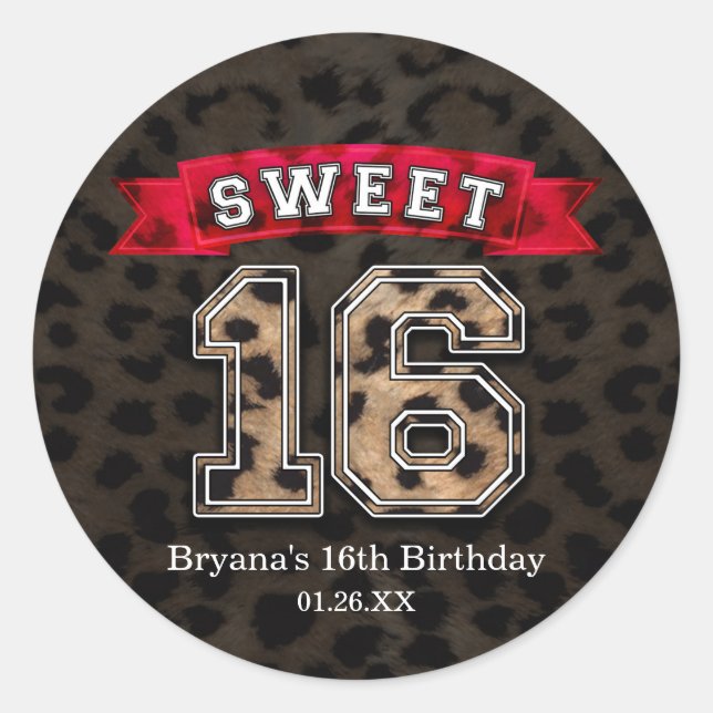 Sweet 16 Black & Red Leopard Print Sports Party Classic Round Sticker (Front)