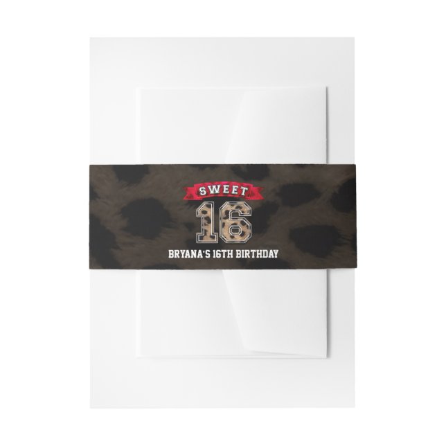 Sweet 16 Black & Red Leopard Print Sports Party Invitation Belly Band (Front Example)