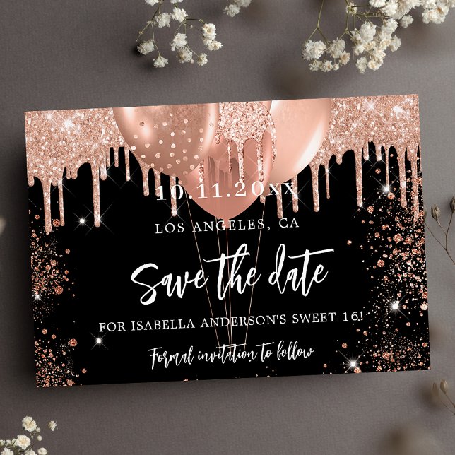  Sweet 16 black rose gold balloons Save The Date Announcement Postcard (Creator Uploaded)