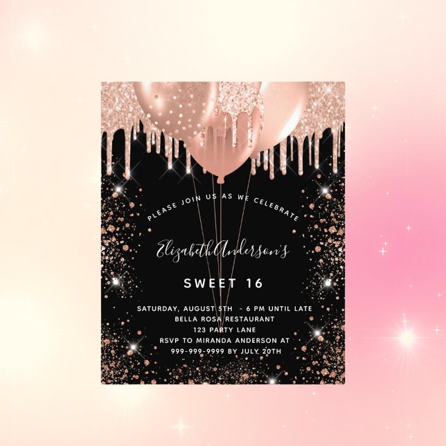 Sweet 16 black rose gold glitter budget invitation flyer (Creator Uploaded)