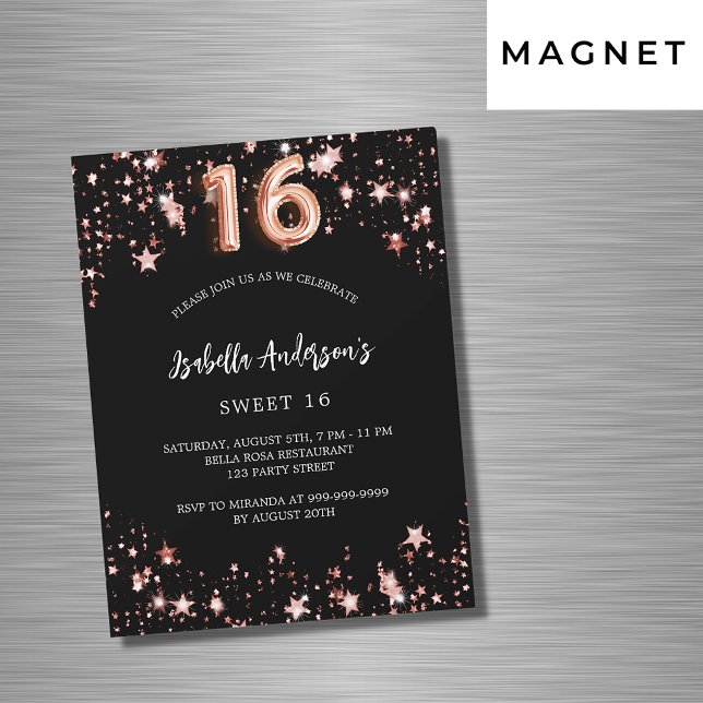 Sweet 16 black rose gold stars luxury magnetic invitation (Creator Uploaded)