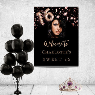 Sweet 16 black rose gold stars photo welcome poster