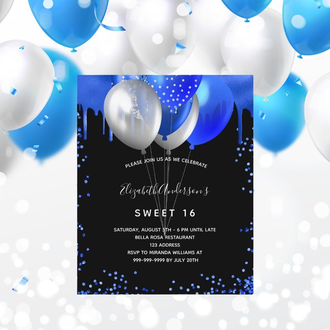 Sweet 16 black royal blue budget invitation flyer (Creator Uploaded)