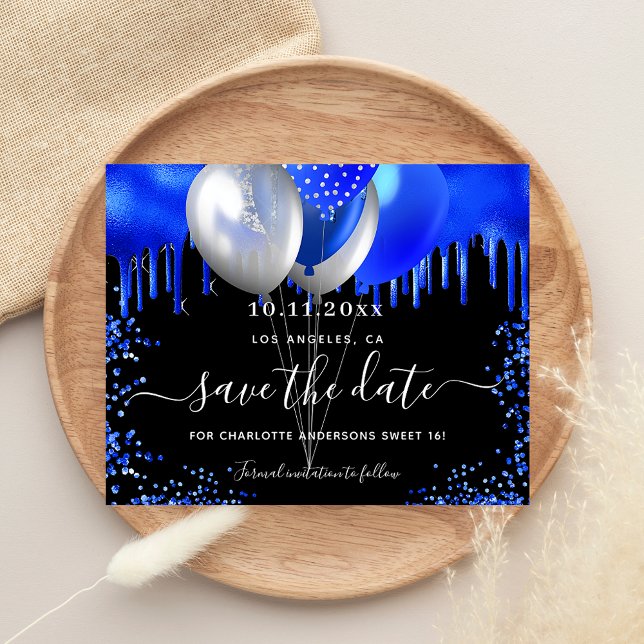 Sweet 16 black royal blue budget save the date flyer (Creator Uploaded)