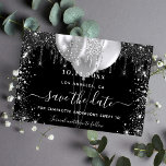 Sweet 16 black silver balloons save the date<br><div class="desc">A girly and trendy Save the Date for a Sweet 16,  16th birthday party. A black background decorated with faux silver glitter drips,  sparkles,  and balloons. Personalise and add a date and name/age.  The text: Save the Date is written with a large trendy hand lettered style script.</div>