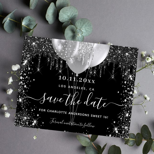 Sweet 16 black silver budget save the date flyer (Creator Uploaded)