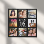 Sweet 16 black silver custom photo collage faux canvas print<br><div class="desc">A unique gift for a girl's Sweet 16, 16th birthday, celebrating her life with a collage of 8 of your own photos, pictures. Personalise and add her name and a date. A chic black background. The name is written with a modern hand lettered style script, number 16 with a faux...</div>