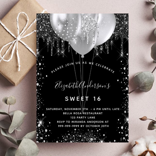 Sweet 16 black silver glitter balloons invitation postcard (Creator Uploaded)