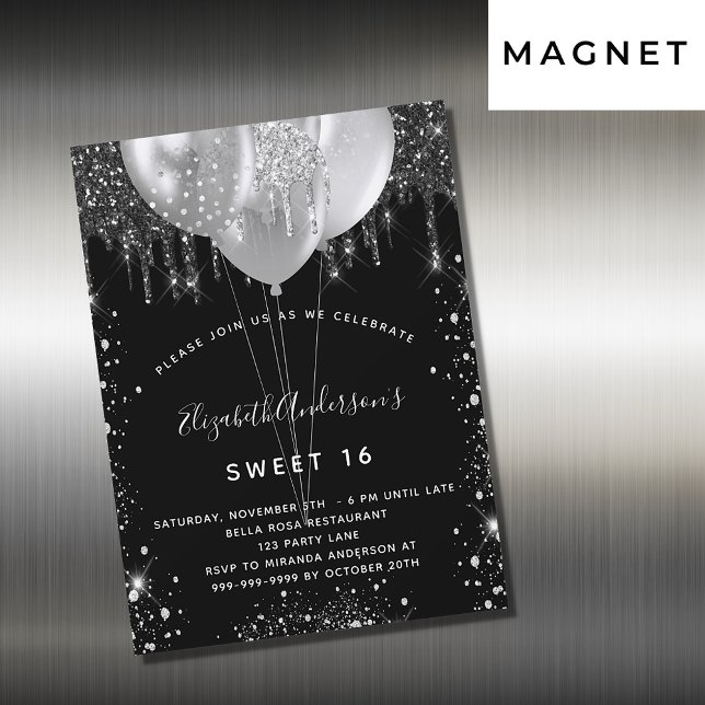 Sweet 16 black silver glitter balloons luxury magnetic invitation (Creator Uploaded)
