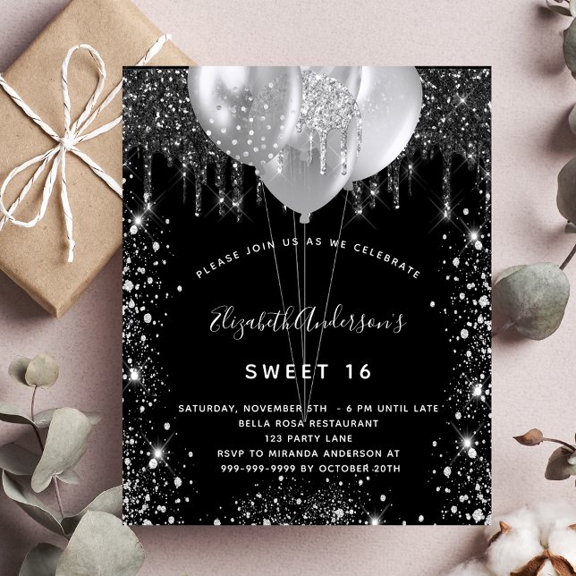 Sweet 16 black silver glitter budget invitation flyer (Creator Uploaded)