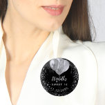 Sweet 16 black silver glitter name balloons 6 cm round badge<br><div class="desc">A chic black background. Decorated with faux silver glitter drips,  paint dripping look, glitter and balloons.  Personalise and add a name,  age and the date.</div>