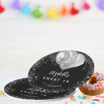 Sweet 16 black silver glitter name balloons paper plate<br><div class="desc">A chic black background. Decorated with faux silver glitter drips,  paint dripping look, glitter and balloons.  Personalise and add a name,  age and the date.</div>