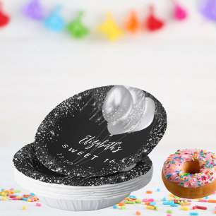 Sweet 16 black silver glitter name balloons paper plate