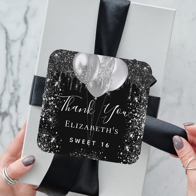 Sweet 16 black silver glitter name thank you classic round sticker (Creator Uploaded)