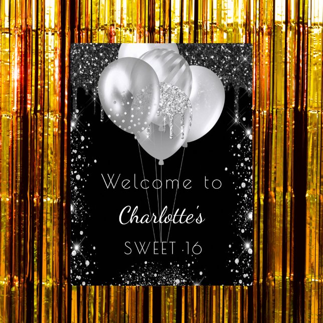 Sweet 16 black silver glitter welcome balloons poster (Creator Uploaded)