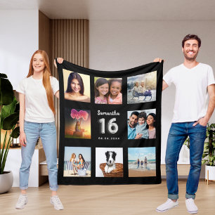 Sweet 16 black silver photo collage name fleece blanket