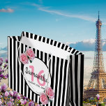 Sweet 16 black stripes pink florals name large gift bag<br><div class="desc">Classic slim black and white vertical stripes as background. With girly, feminine and romantic pink roses as decoration. Perfect for an elegant sweet 16th birthday party for her. A white and black frame with templates for name, age and a date. Age number 16 in pink, name and date in black....</div>