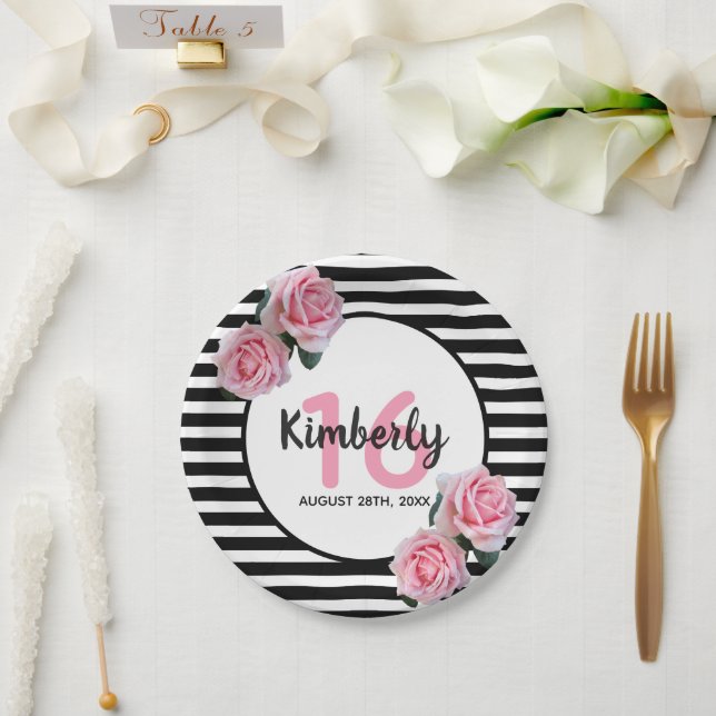 Sweet 16 black stripes pink florals name paper plate (Wedding)