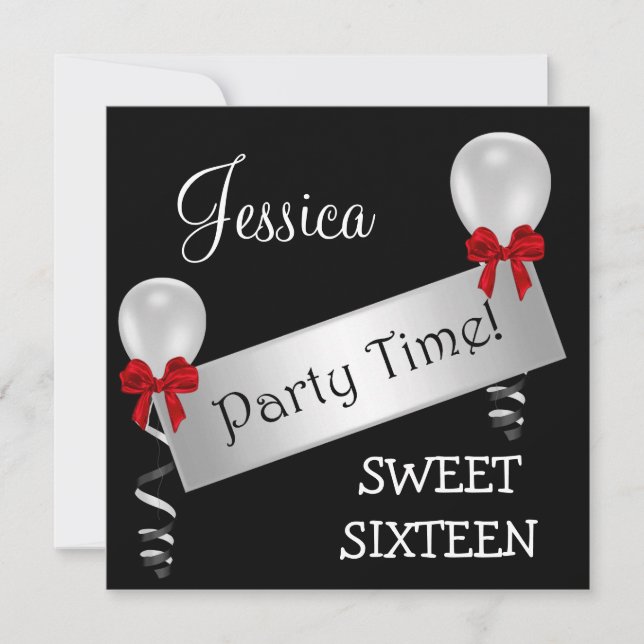 Sweet 16 Black White Silver Red Bows Balloons Invitation (Front)