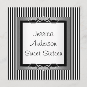 Sweet 16 Black & White Stripe Jewel Frame Party Invitation