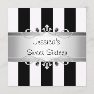 Sweet 16 Black & White Stripes Silver Jewel Party Invitation